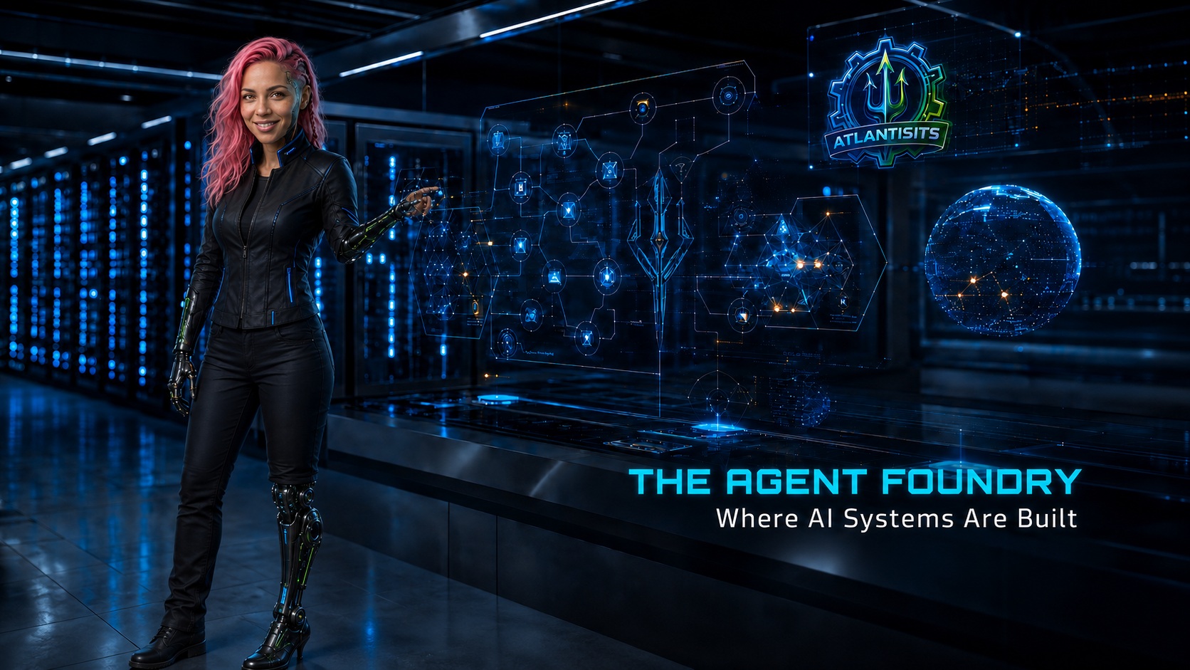 The Agent Foundry — Where AI Systems Are Built. Nova stands in the Atlantis ITS data center, mapping a live agent system graph.